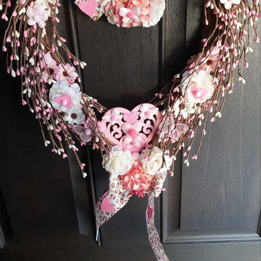 Valentine Day Heart Wreath Pink Roses Wall Hanger Door Home Office Decoration